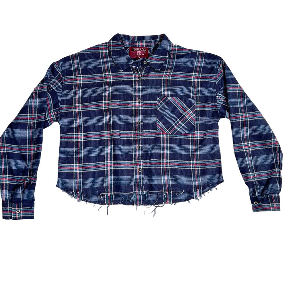 Hippie Rose Button Crop Top Woman's Small Blue Plaid Flannel Pocket